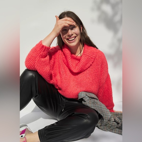 Anthropology Pilcro Vibrant Coral Cowl Neck Sweater - Picture 4 of 11